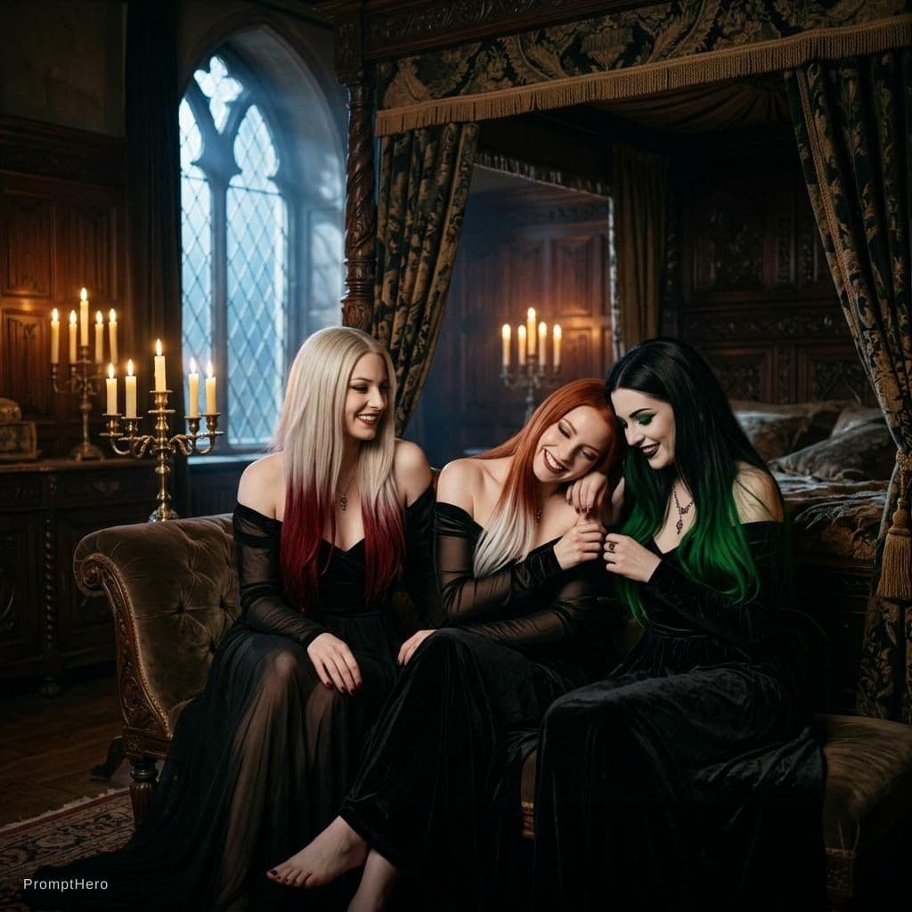 AI generated: Dreamy sensual and playful dark vampire scene in a grand medieval bedroom at night, three beautiful ...