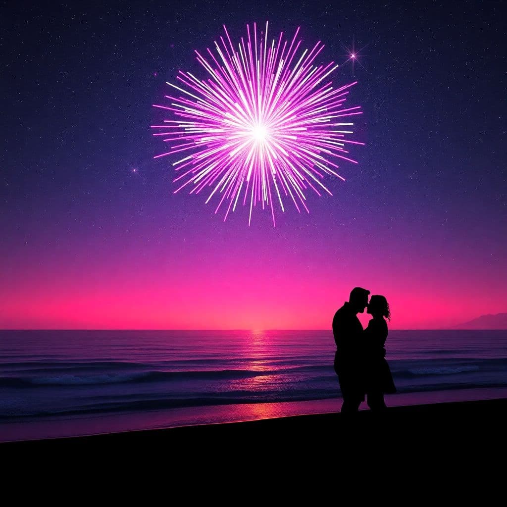AI generated: The black silhouette of a romantic couple kissing on the horizon of a psychedelic beach. A neon cosm...