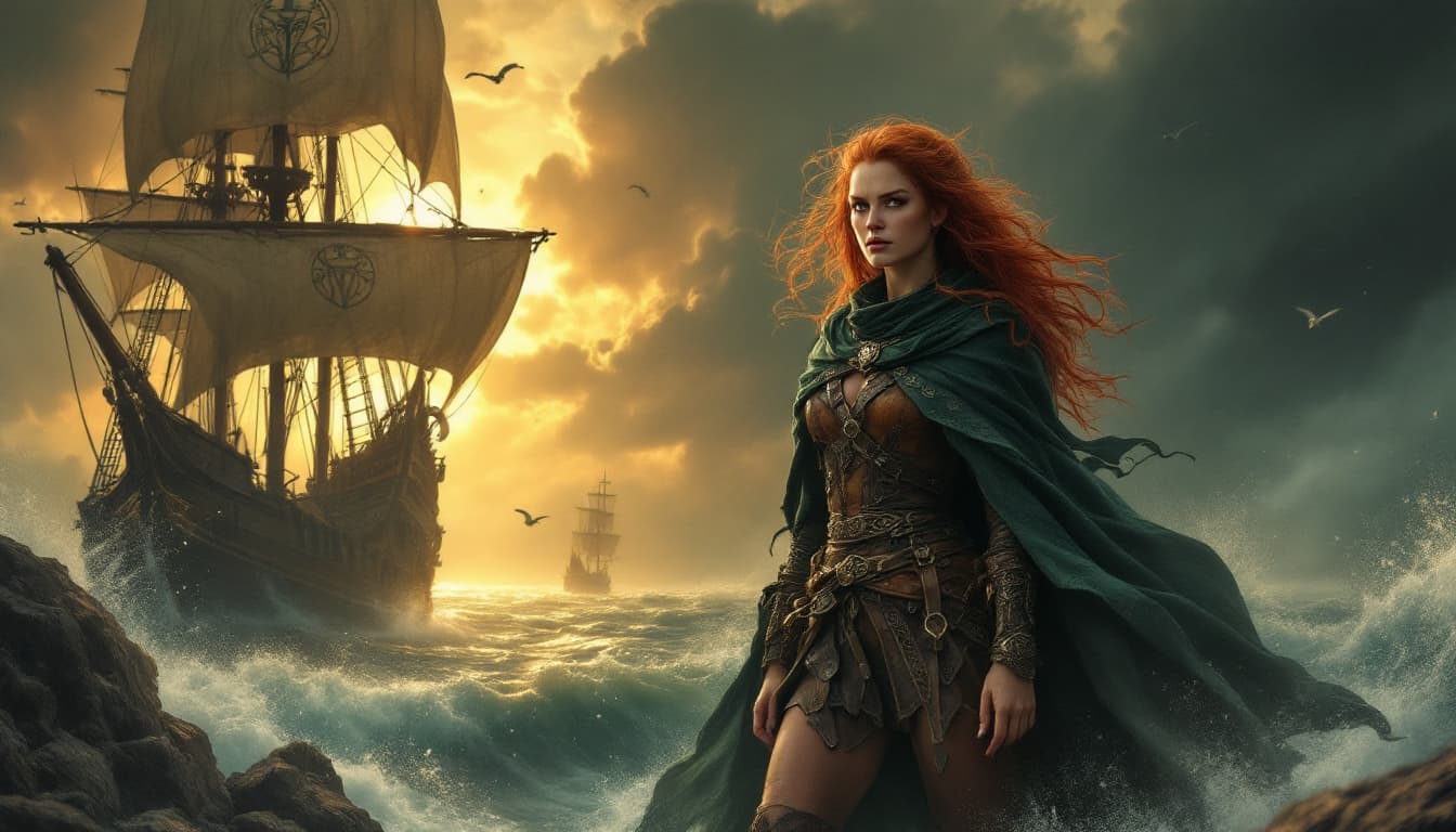 AI generated: Gráinne O'Malley, the legendary Irish pirate queen, stands defiantly at her rugged sea port, her sta...