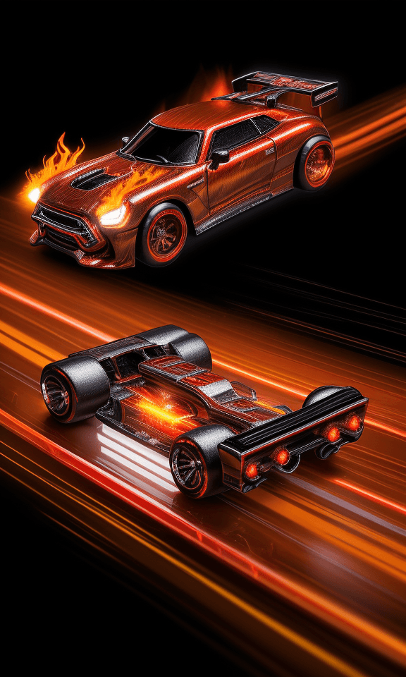 AI generated: High-energy shot of a Hotwheels car in mid-loop, its fiery red and chrome body glistening under inte...