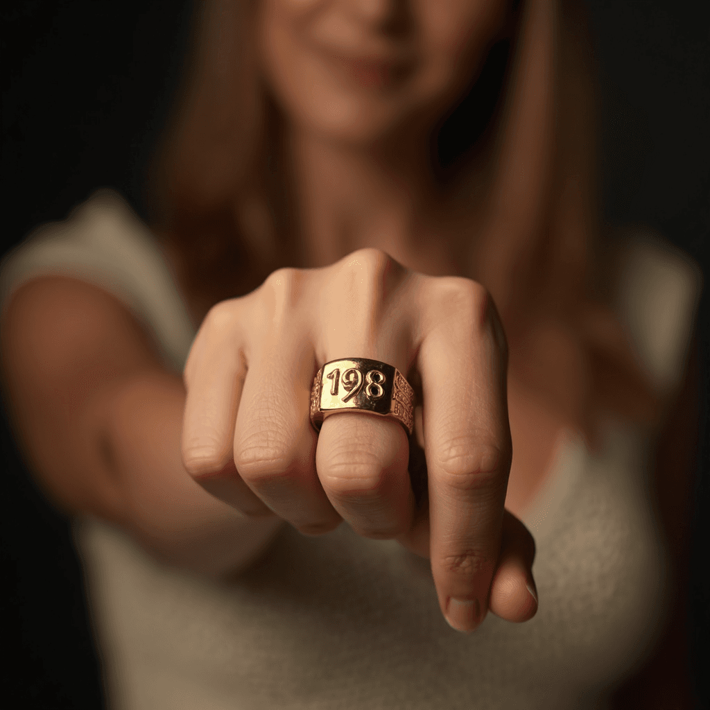 AI generated: a woman stretches out her luxurious hand into the frame, on her finger is an expensive gold ring, (t...