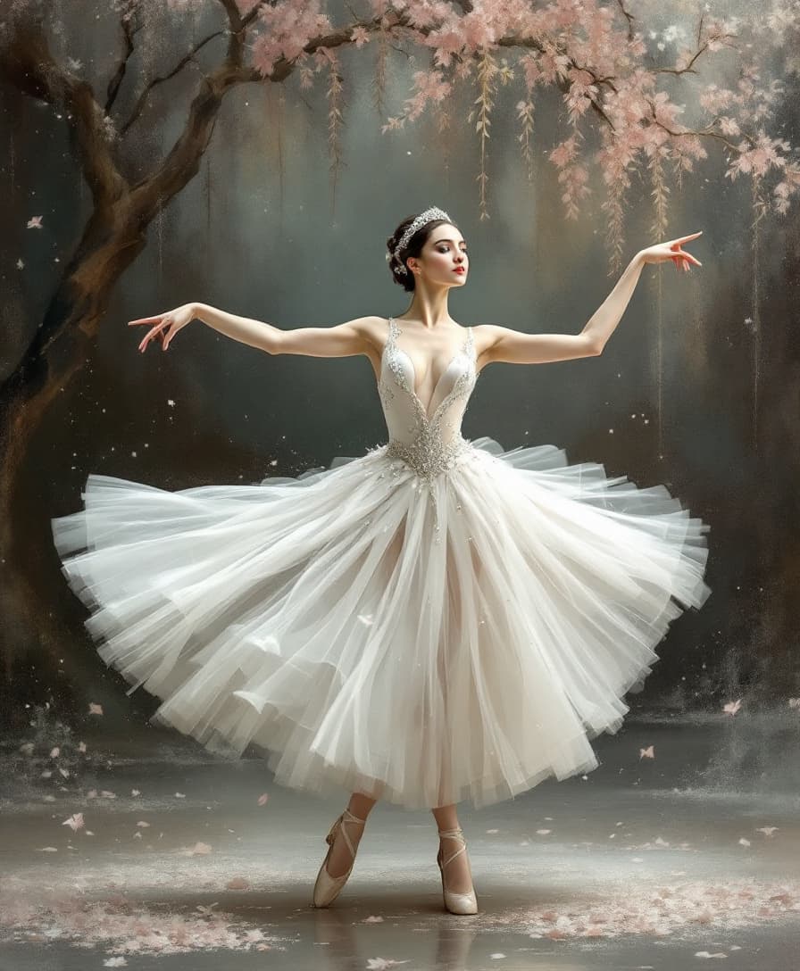 AI generated: Uma bailarina elegante inspirada em Anna Pavlova dançando 'O Lago dos Cisnes', com uma roupa branca ...