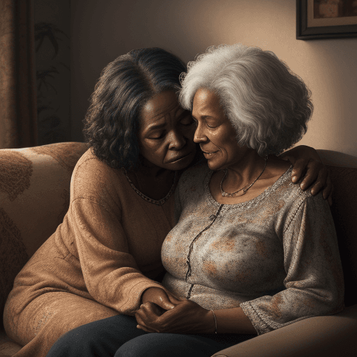 AI generated: Black old woman, 70s, seated on a cosy couch, 30-year-old daughter, whispering, intimate moment, rea...