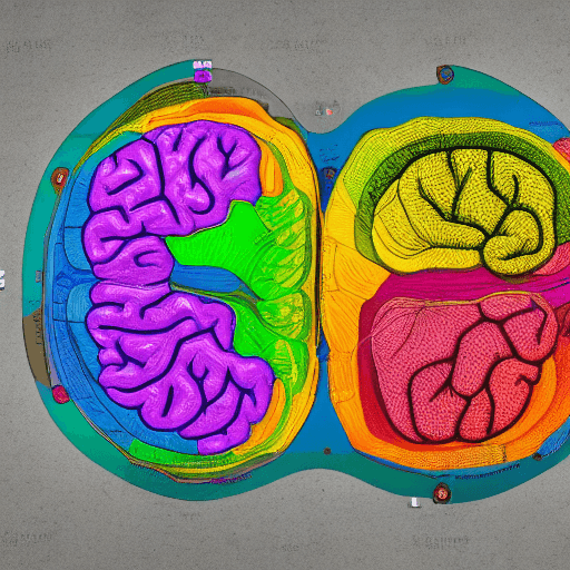 AI generated: an overhead view of a human brain showing the left and right hemispheres.  The left hemisphere is fi...