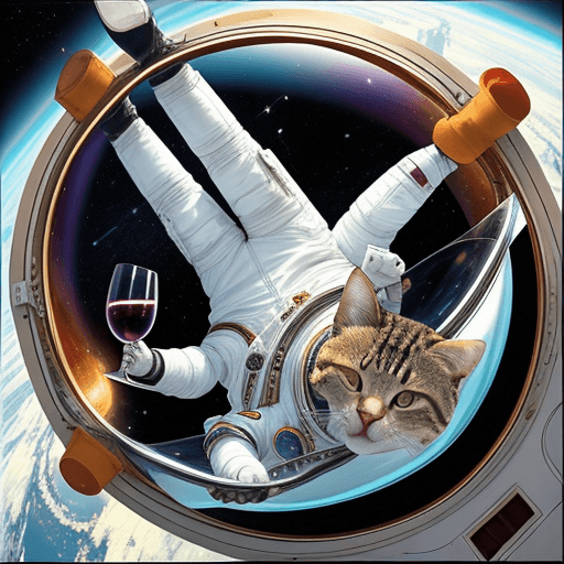 AI generated: Astronaut cat floating in space while holding a glass of wine.

