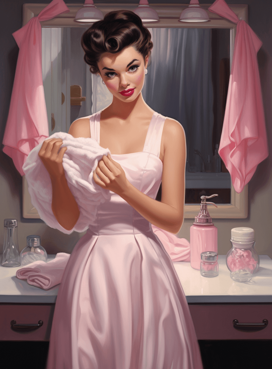 AI generated: a painting of a woman in a white dress putting on pink gloves, in the style of i can't believe how b...