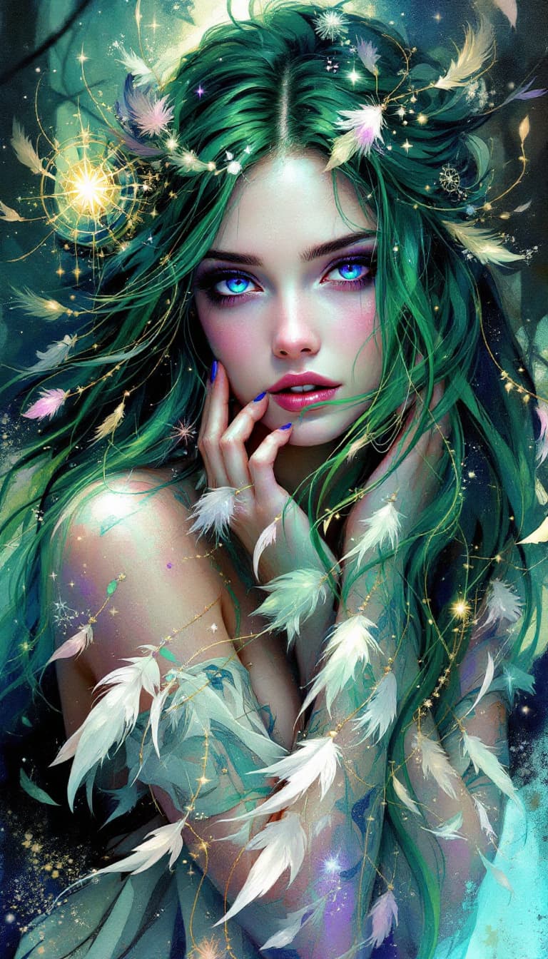 AI generated: "Jade Dream Weaver in an Ethereal Forest": A powerful abstract painting captures a dream weaver, exu...