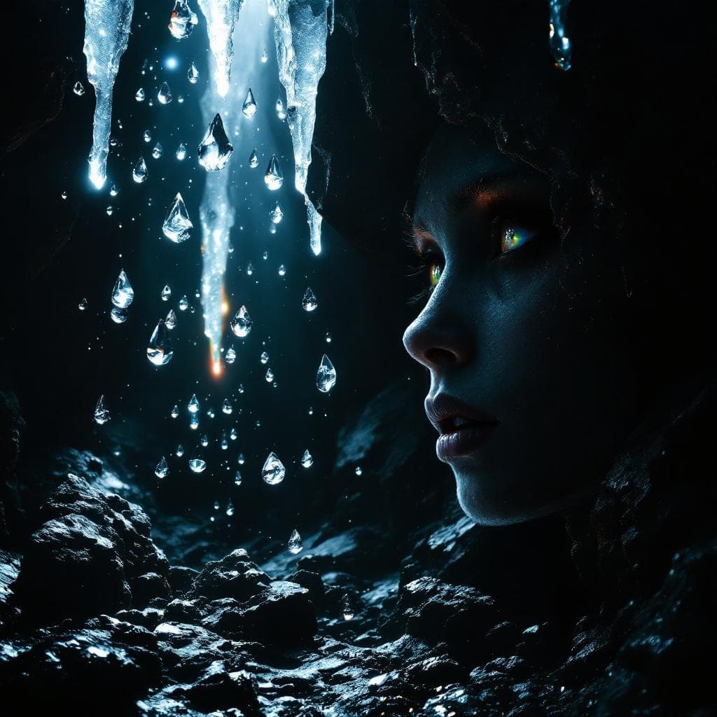 AI generated: photographic, ultrarealistic, ubsurdres, a pitch black cavern, with crystals like teardrops in mid  ...