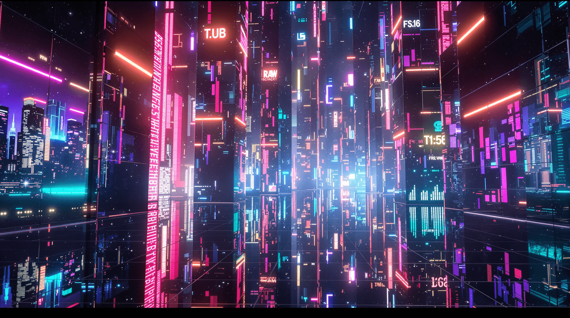 AI generated: surreal, reflective metropolis, colorful lights bounce off massive mirror facades, creating a hypnot...