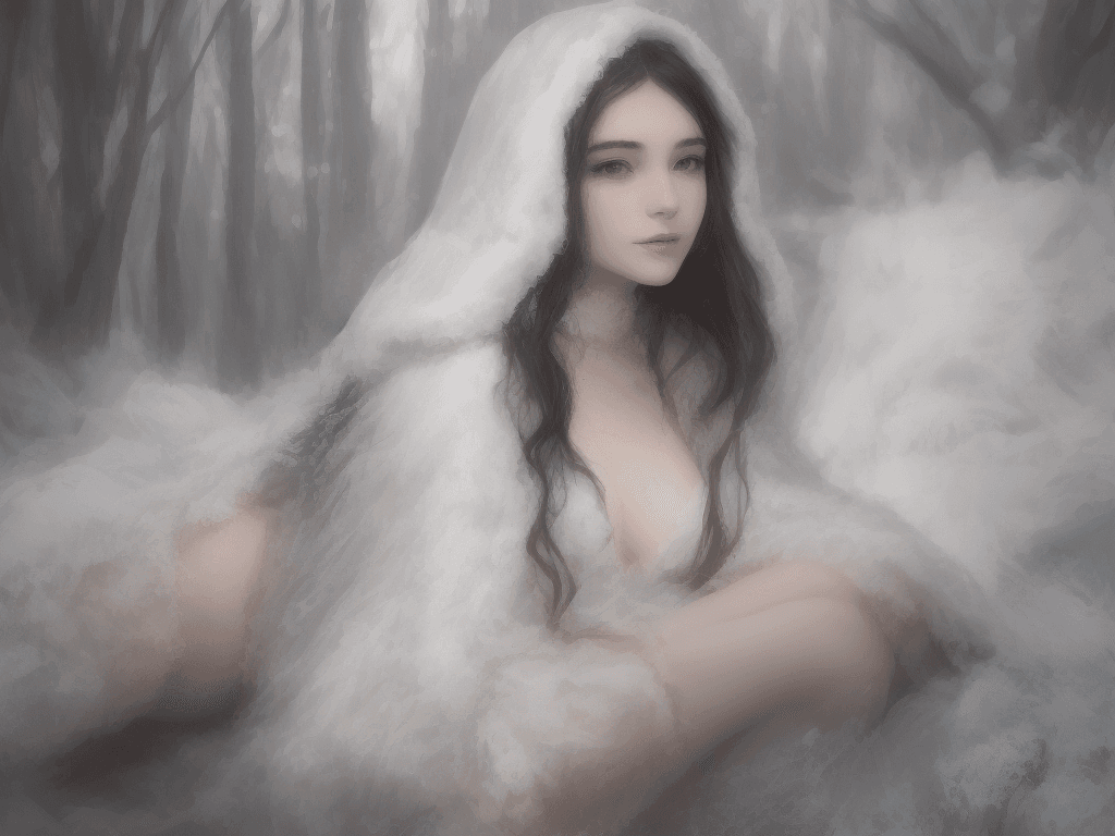AI generated: A young woman with long dark hair stands in a snowy forest, her seductive smile illuminated by soft,...