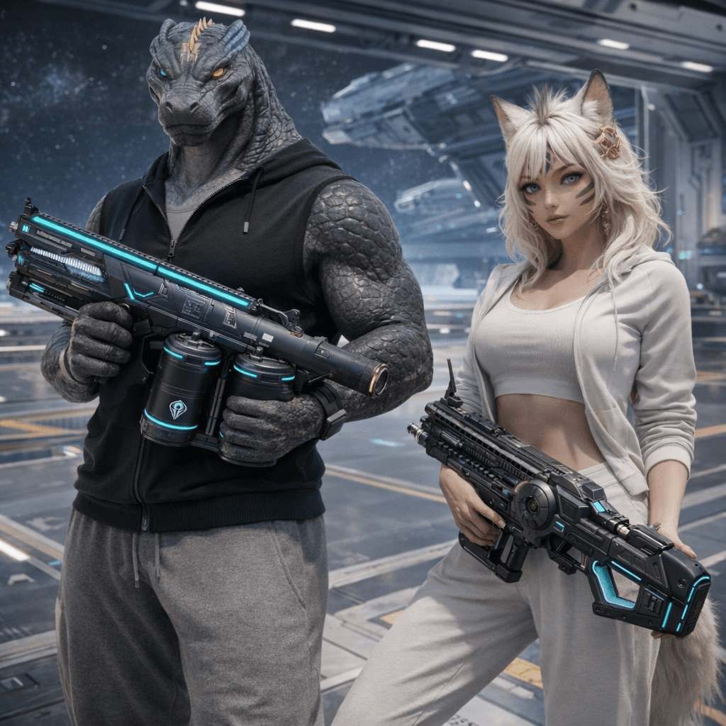 AI generated: Create an image where all the charactes are casually holding the reference weapons in a pose. Change...