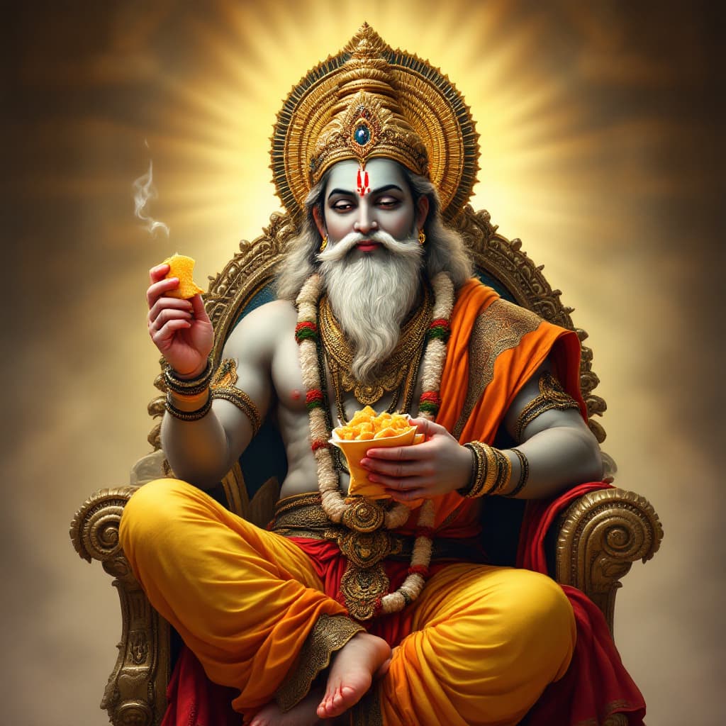 AI generated: A hindu god, sitting on a throne, enjoying a packet of chips