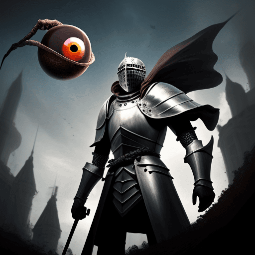 AI generated: Knight standing against Giant flying eyeball 