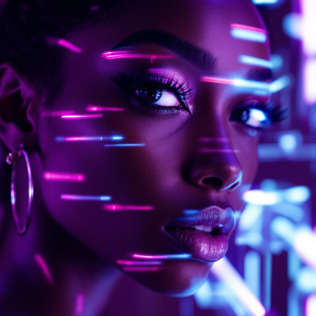 AI generated: digital art, fashion editorial, a close portrait of beautiful black woman is studio double exposure ...