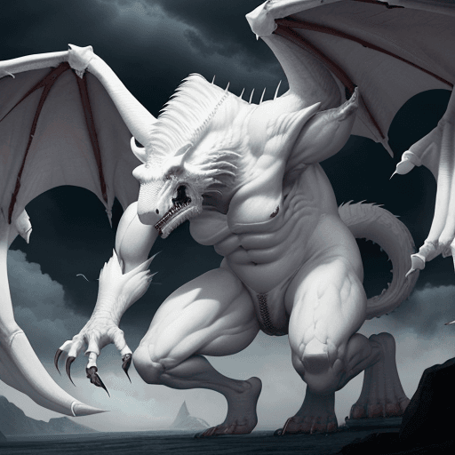 AI generated:  high quality foto of a white dangerous enormous beast without eyes and wings, long fingers and brok...