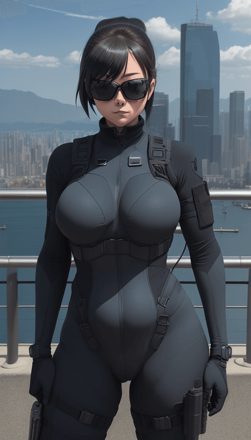 AI generated: a solder wearing sunglasses posing in front of the city, in the style of dark gray and dark azure, c...