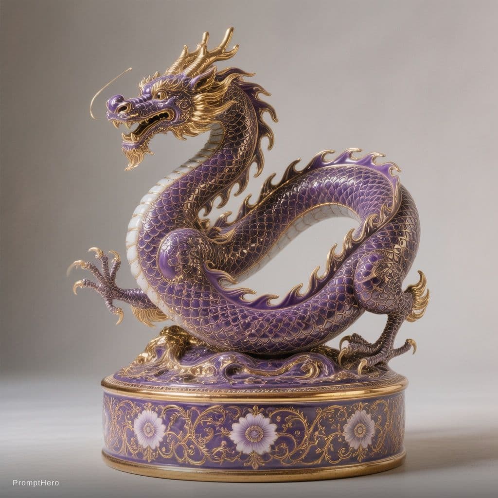 AI generated: Create a visually striking image featuring a violet porcelain dragon 
with intricate gold-line detai...