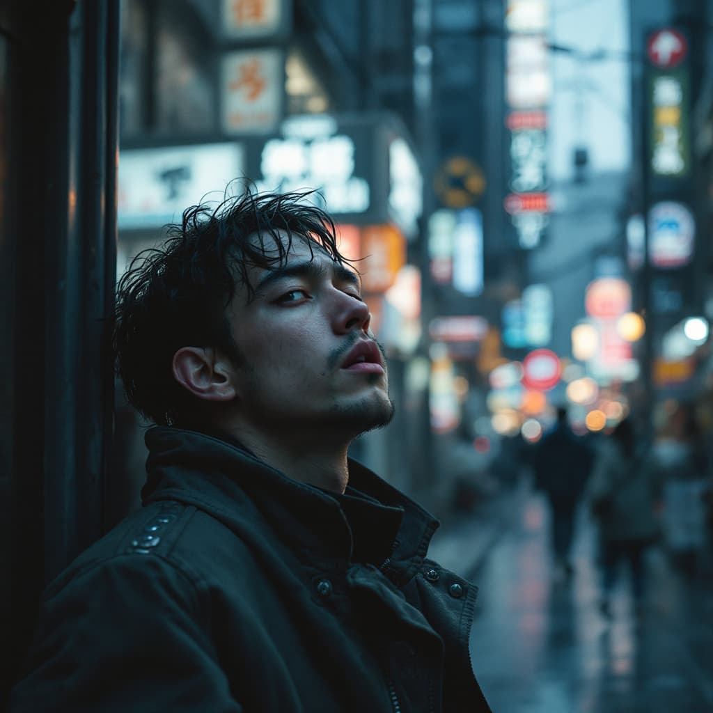 AI generated: a single drug addict in a Hyperralistic indie movie poster in Tokyo