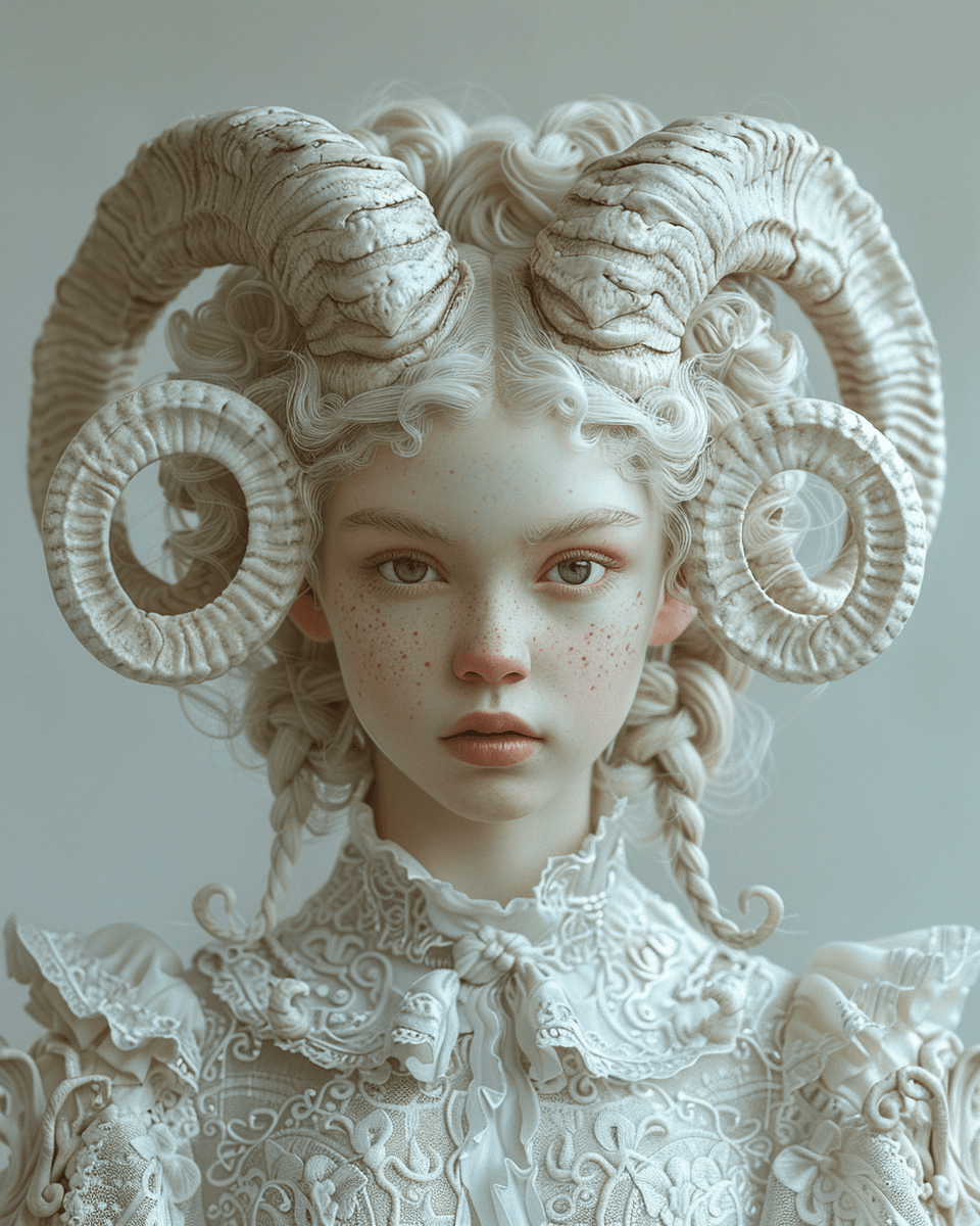 AI generated: A girl with horns, white marble skin and braided hair made of bones, with intricate details, a full ...
