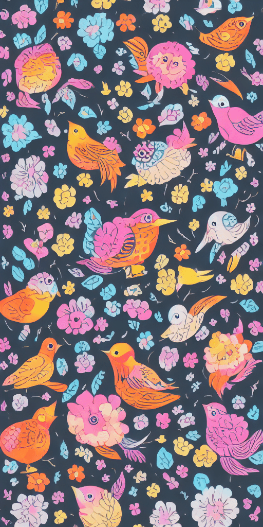 AI generated: little birds on black background, playful, whimsical illustration, bold colors, the helsinki school,...