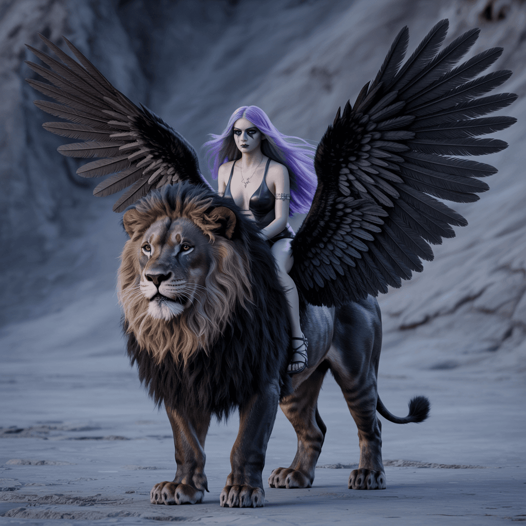 AI generated: A full body photo shot of an angelic mythical black lion with large black outstretched feathery wing...