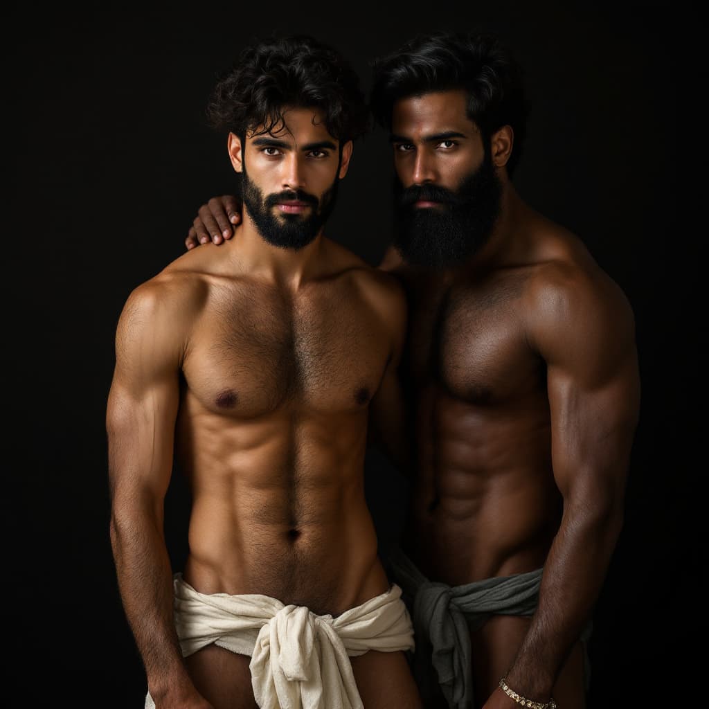 AI generated: Handsome fair young Indian man naked with hairy chest and hairy belly with another handsome hairy In...