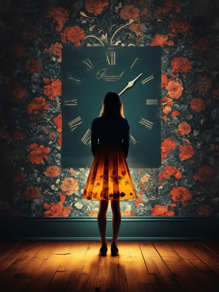 AI generated:  A moody, hyper realistic and, cinematic scene of (((young))) woman sitting on a wooden floor in a d...