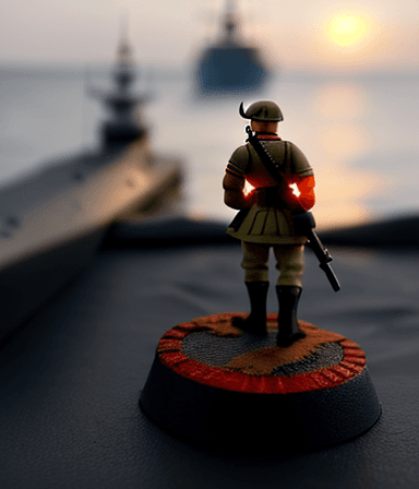 AI generated: macro lens, soldier miniature, stands on the shore, against the background of a warship, burns, sink...