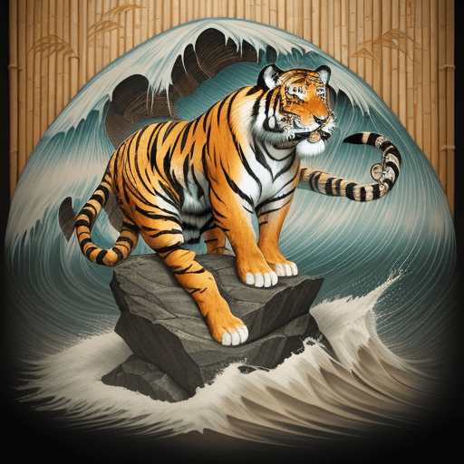 AI generated: full body tiger in a bamboo wood with waves over a rock 
japanese traditional tattoo art print, in t...