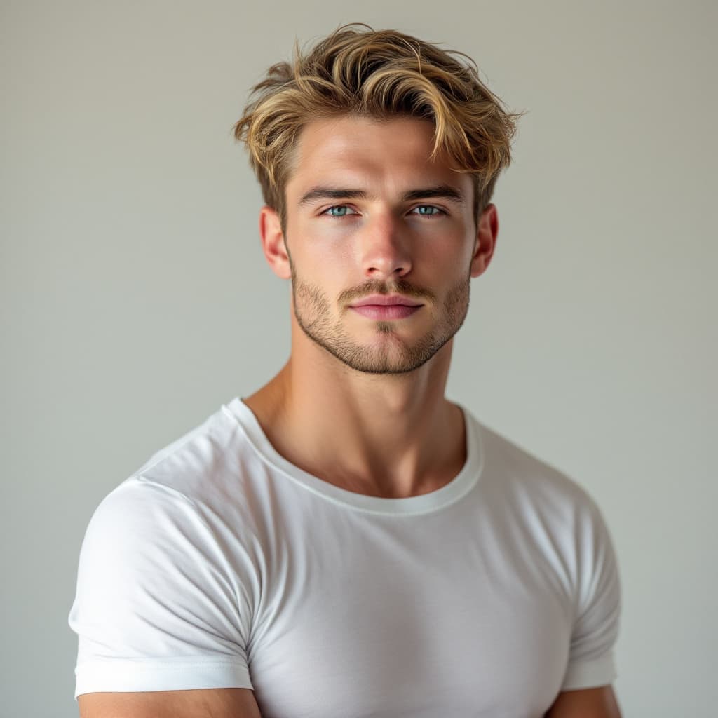 AI generated: Clean studio portrait of a 25-year-old white American man, short golden blonde hair with a slight wa...