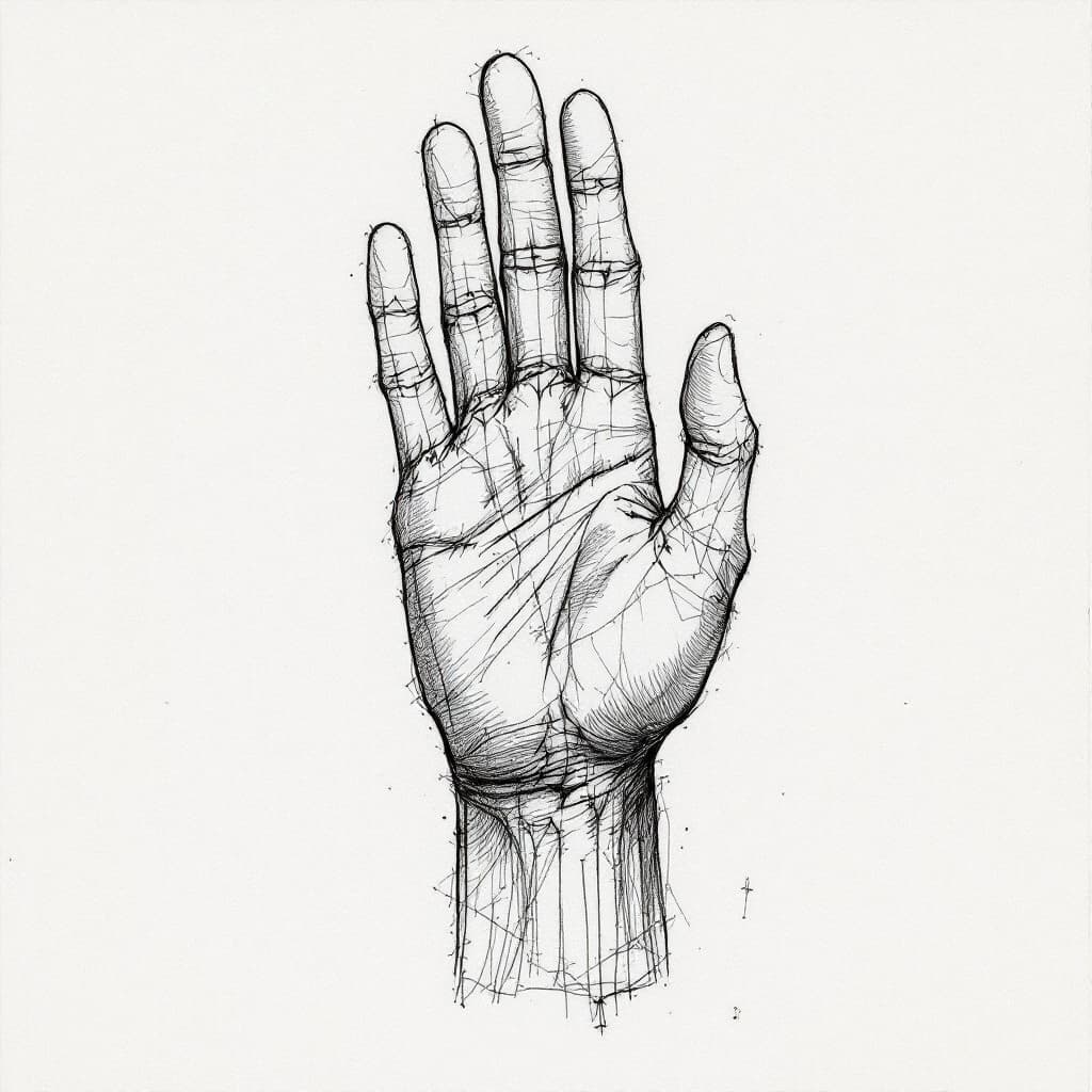 AI generated: Artistic sketch of a human hand in the style of da Vinci, four fingers and thumb