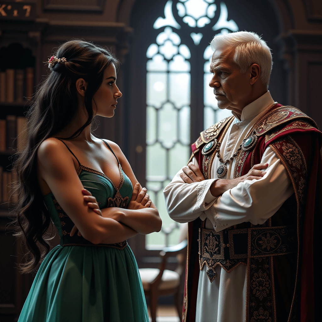 AI generated: cinematic two-shot capturing a tense confrontation. In the King's private study, Princess Aetheria, ...