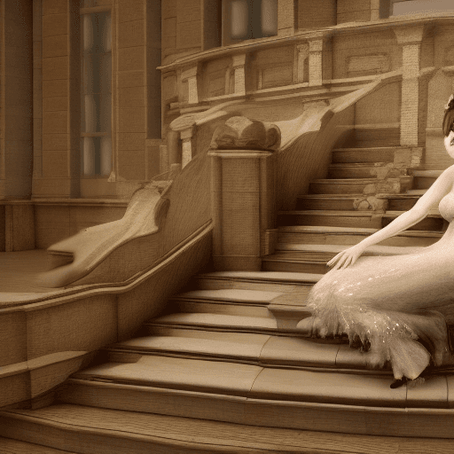 AI generated: A very pretty lady sitting on a set of stairs with a baby dragon beside her, hyperrealism, photoreal...
