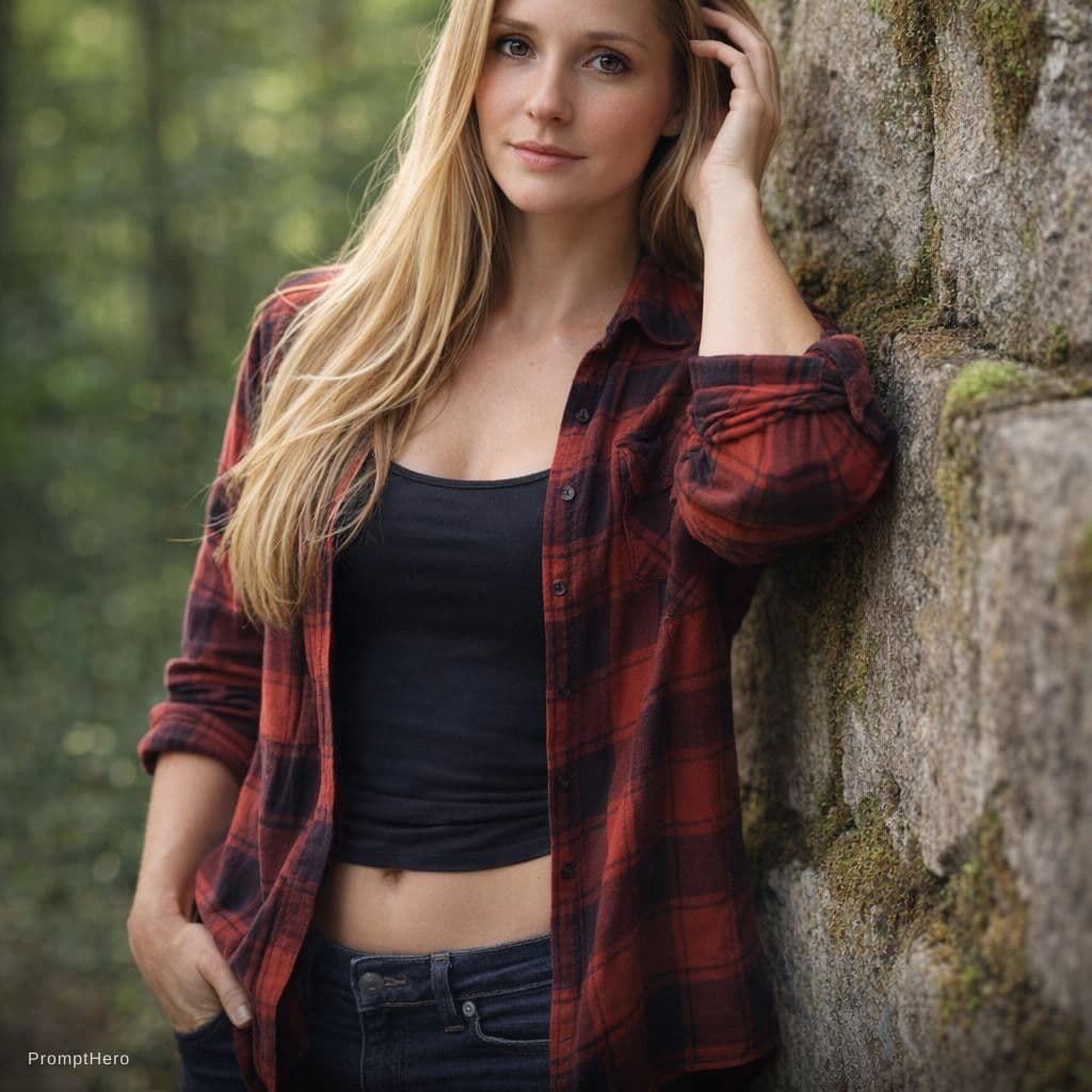 AI generated: A photorealistic, full-body portrait of an adult woman with long, straight blonde hair, leaning agai...