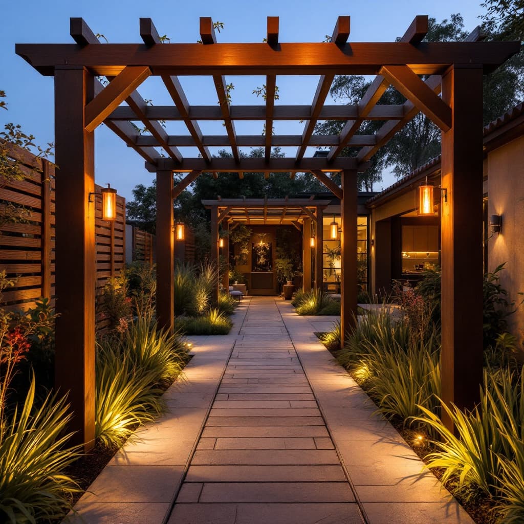AI generated: crea un callejon remodelado, agregale pergolas, luminarias, jardines con adoquines y un pasillo