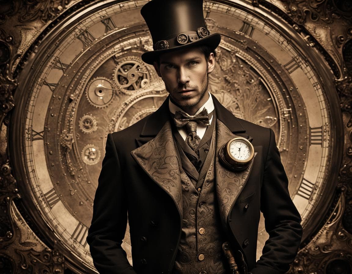 AI generated: In a mesmerizing blend of circuitry and elegance, a steampunk lavish time traveler emerges from the ...