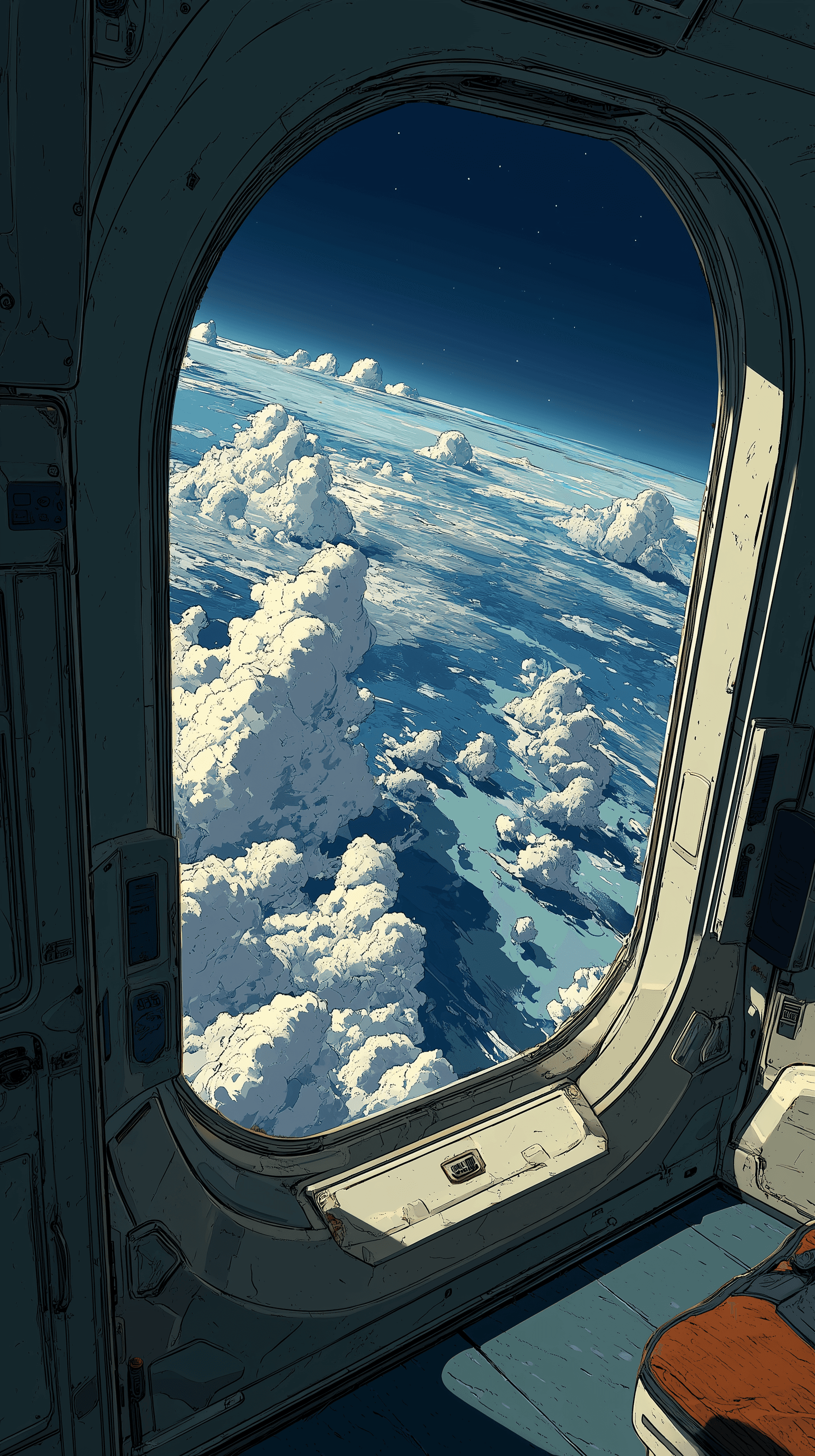 AI generated: illustration, 45 degree angle view, airplane interior view, window seat perspective, through the spa...