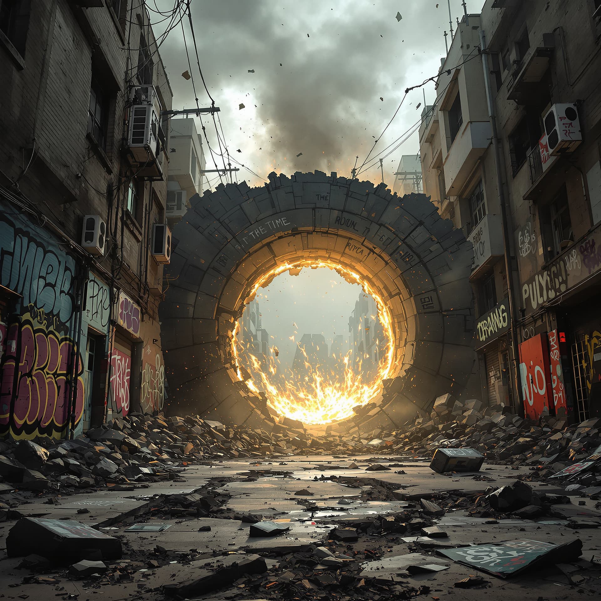 AI generated: A gritty, hyperrealistic illustration of a time portal with a little energy erupting around it rippi...