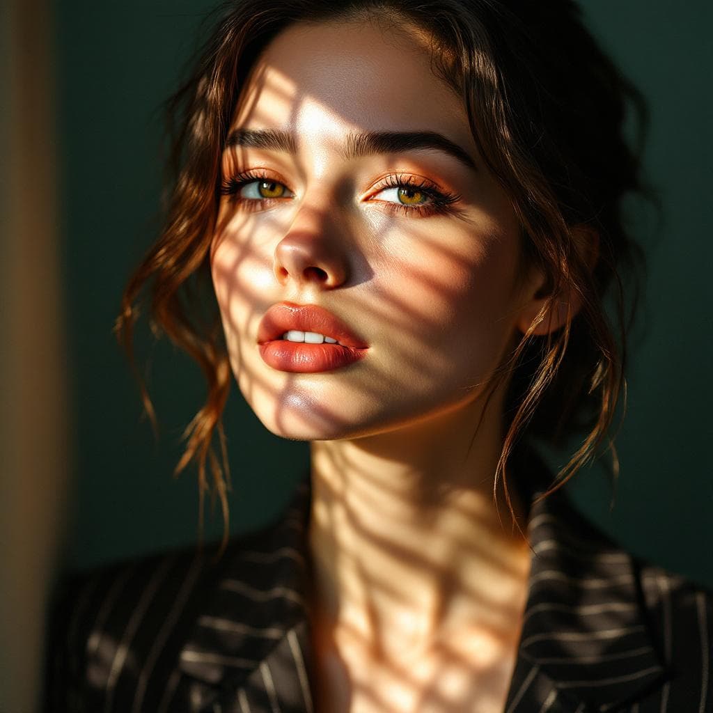 AI generated: Close-up portrait of a woman illuminated by soft, warm afternoon light streaming through window blin...