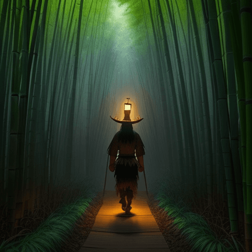AI generated: a shaman walking in a dark bamboo forest holding a lantern 