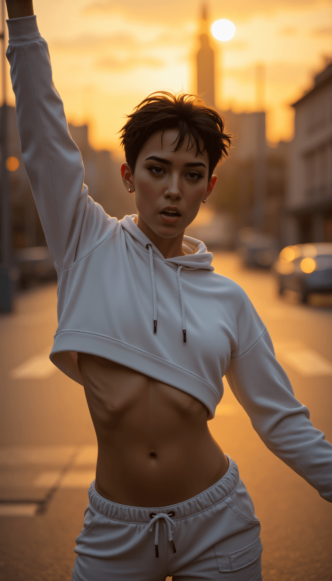 AI generated: Photo of a Slim mid-twenties woman with jet black short spiky hair, athletic build, soft visible rib...