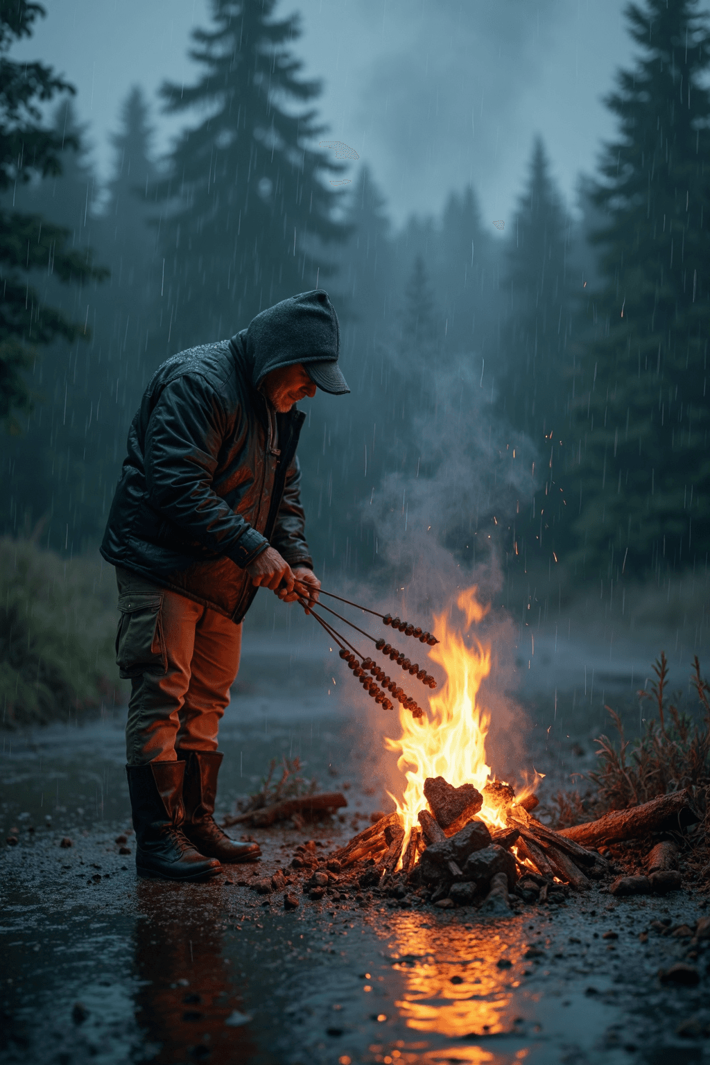 AI generated: A fierce storm rages as torrential rain floods the entire landscape, turning the campsite into a wat...