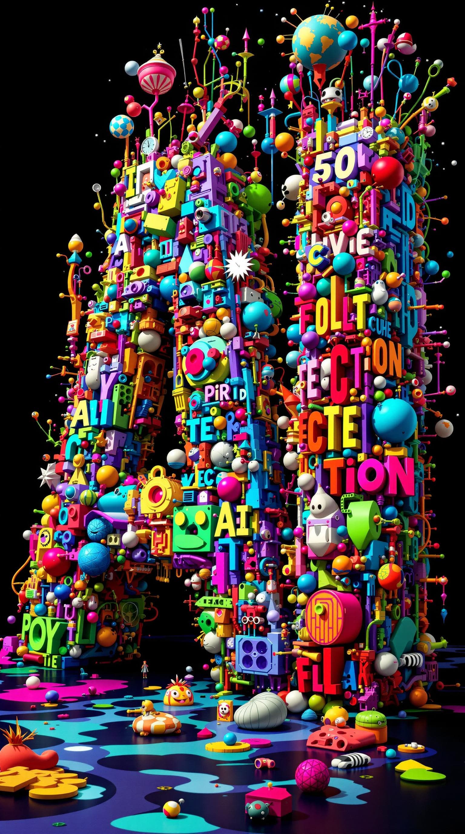 AI generated: the letters AI.RECREATION decorated in a complex 3 D deconstructivist style withbright colors. --v 5...