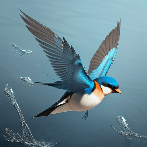 AI generated: Create a highly detailed and dynamic image of a swallow in mid-flight just inches above a calm body ...