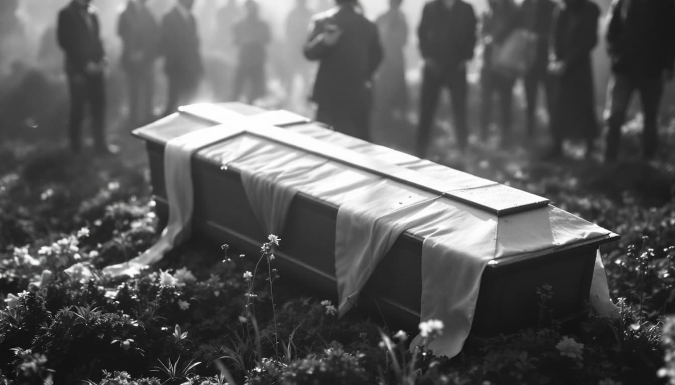 AI generated: black n white - christian burial- coffin with people arround
