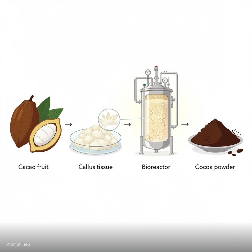 AI generated: I need you to create an image that includes the cacao fruit as the starting material, callus tissue ...