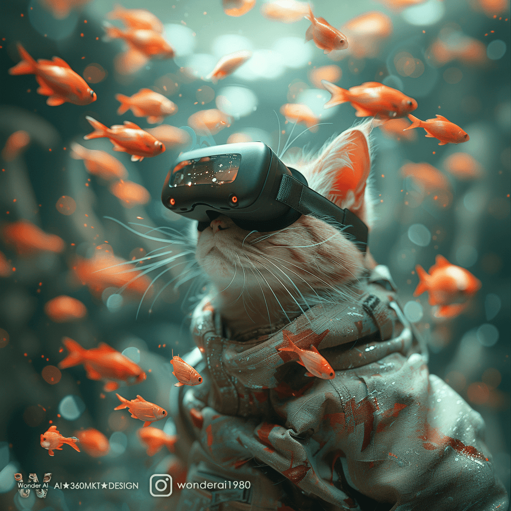 AI generated: an anthropomorphic cute cat wearing an virtual reality headset and outfit of the hacker character Ne...