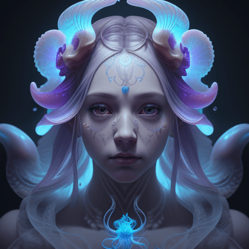 AI generated: Goddess close-up portrait ribcagel. jellyfish phoenix head, nautilus, orchid, skull, betta fish, bio...