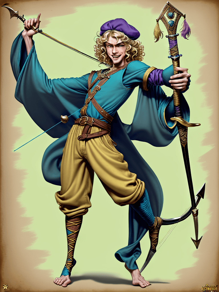 AI generated: comics stylized, medieval fantasy, human-monkey hybrid, skinny, magic flute bard, membrane flaps und...