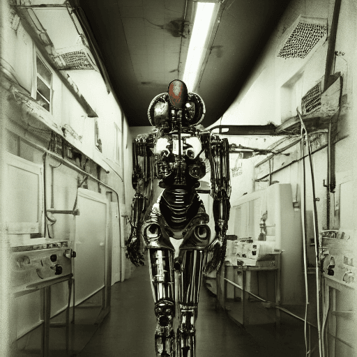 AI generated: Full-body photograph of a (beautiful:1.2) (female:1.2) cyborg, suspended in a worn-out, (cassette-fu...